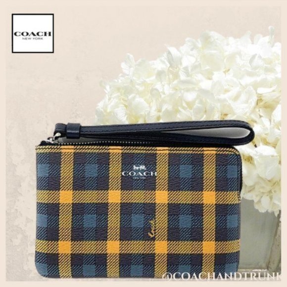 COACH Leather Navy and Honey Plaid Gingham Wristlet Holds Most Cell Phones* - Picture 1 of 12